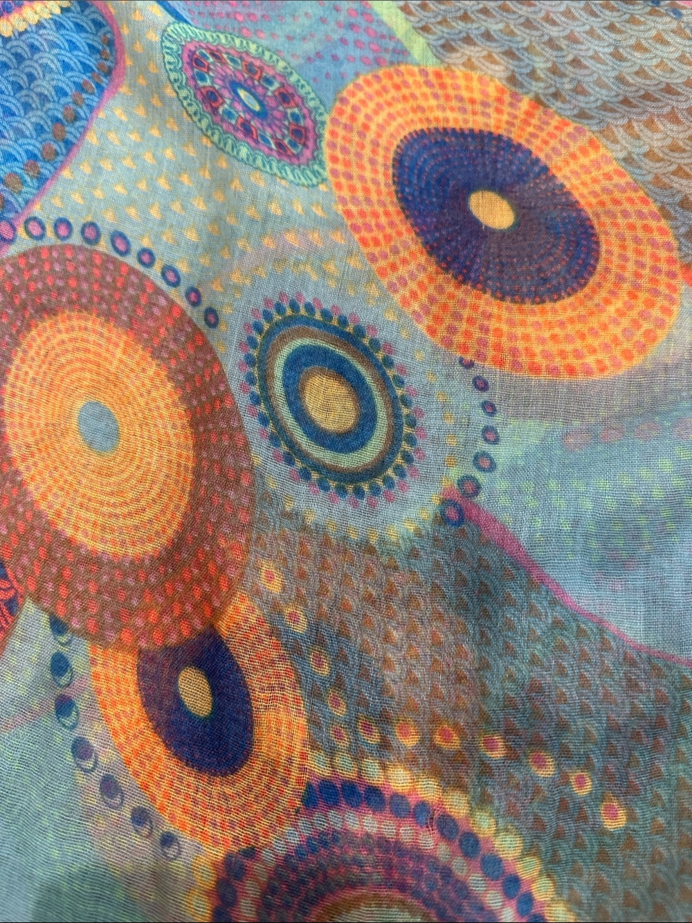 Colorful Circular Pattern Lightweight Infinity Scarf - Blue & Orange - Picture 3 of 6